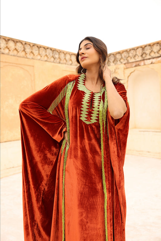 Orange Velvet Bisht - Kaftan