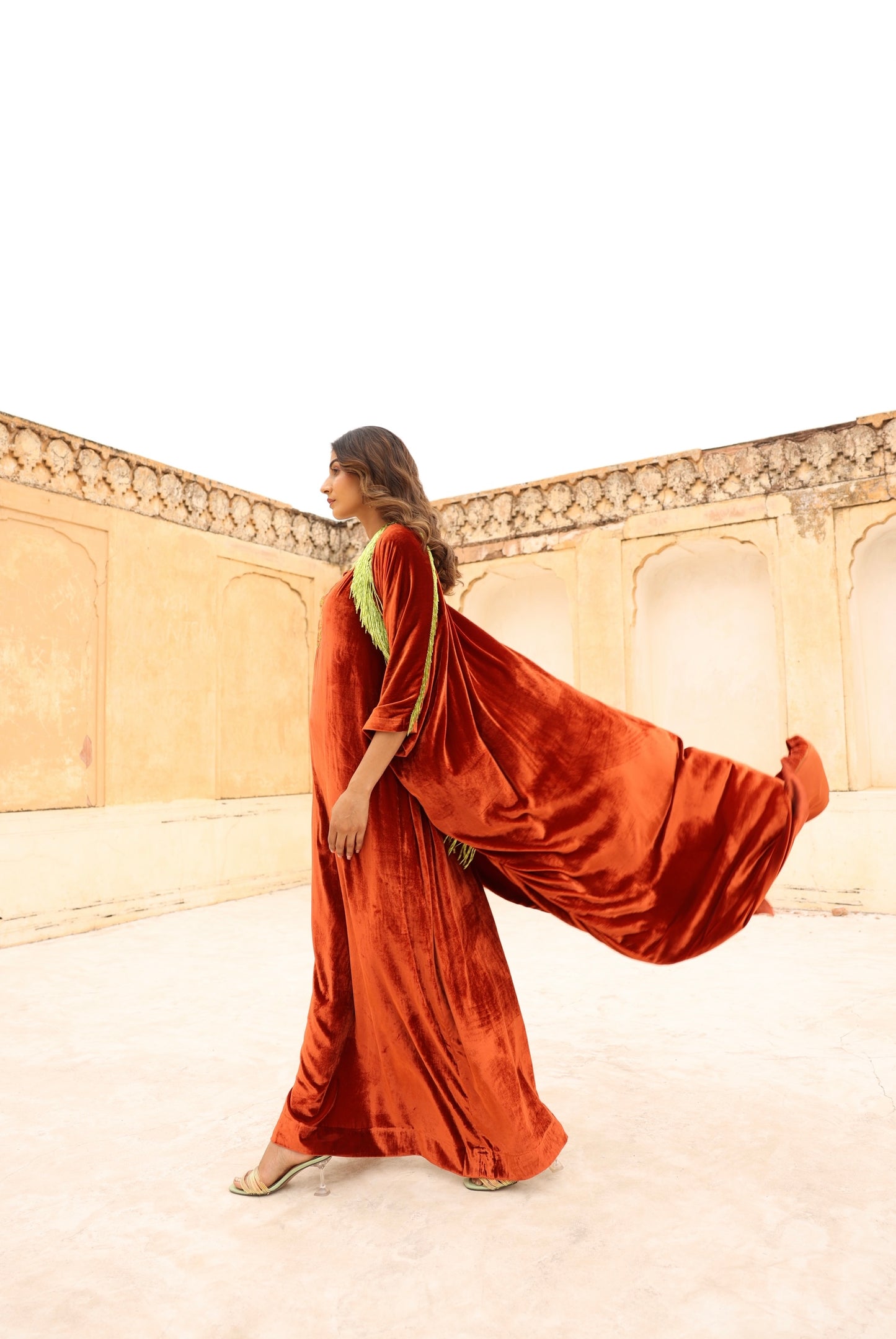 Orange Velvet Bisht - Kaftan