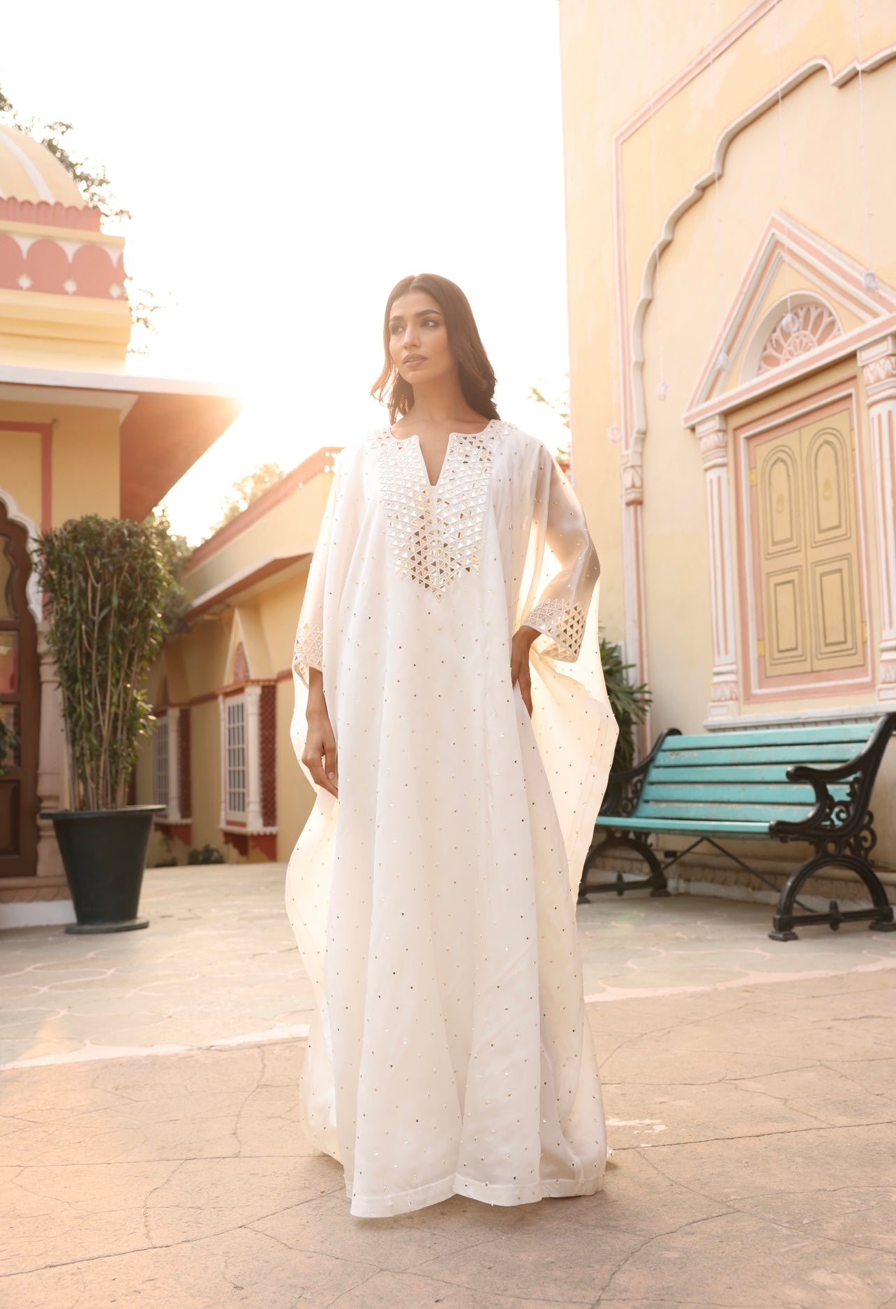 White kaftan with mirror work