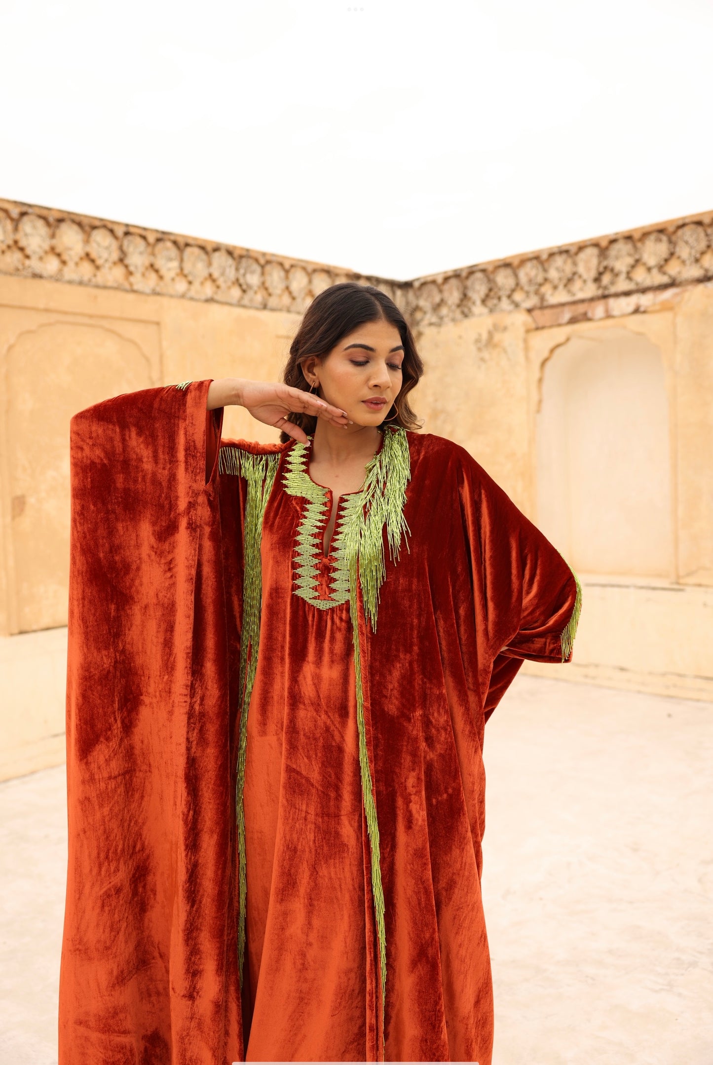 Orange Velvet Bisht - Kaftan