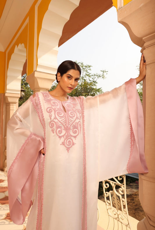 White and pink embroidered kaftan