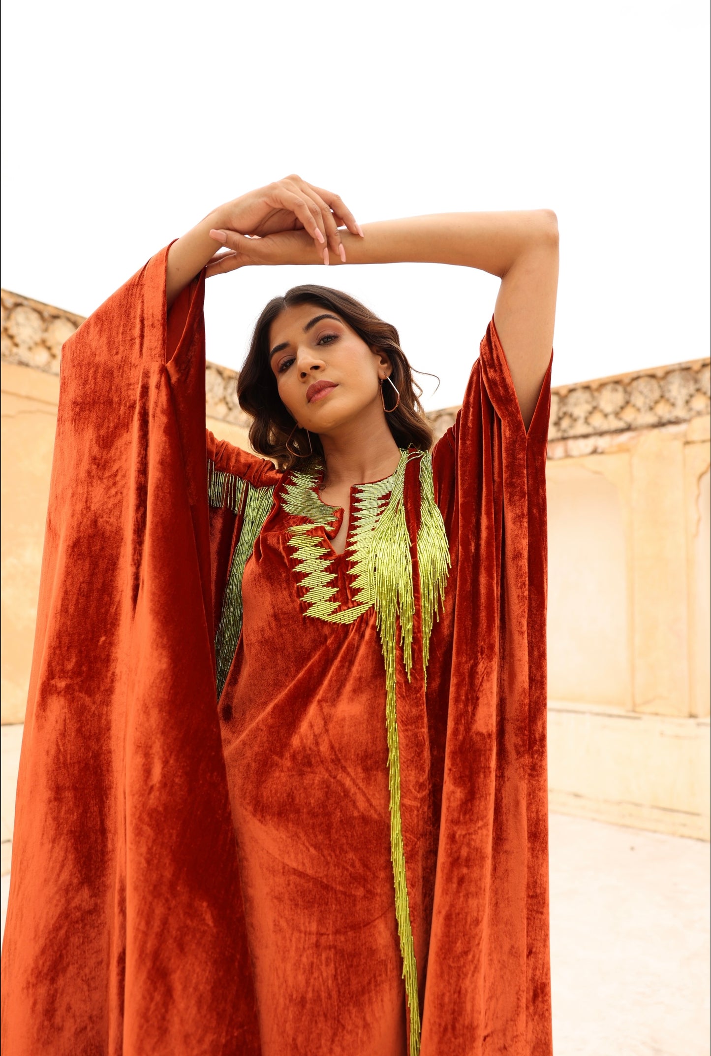 Orange Velvet Bisht - Kaftan